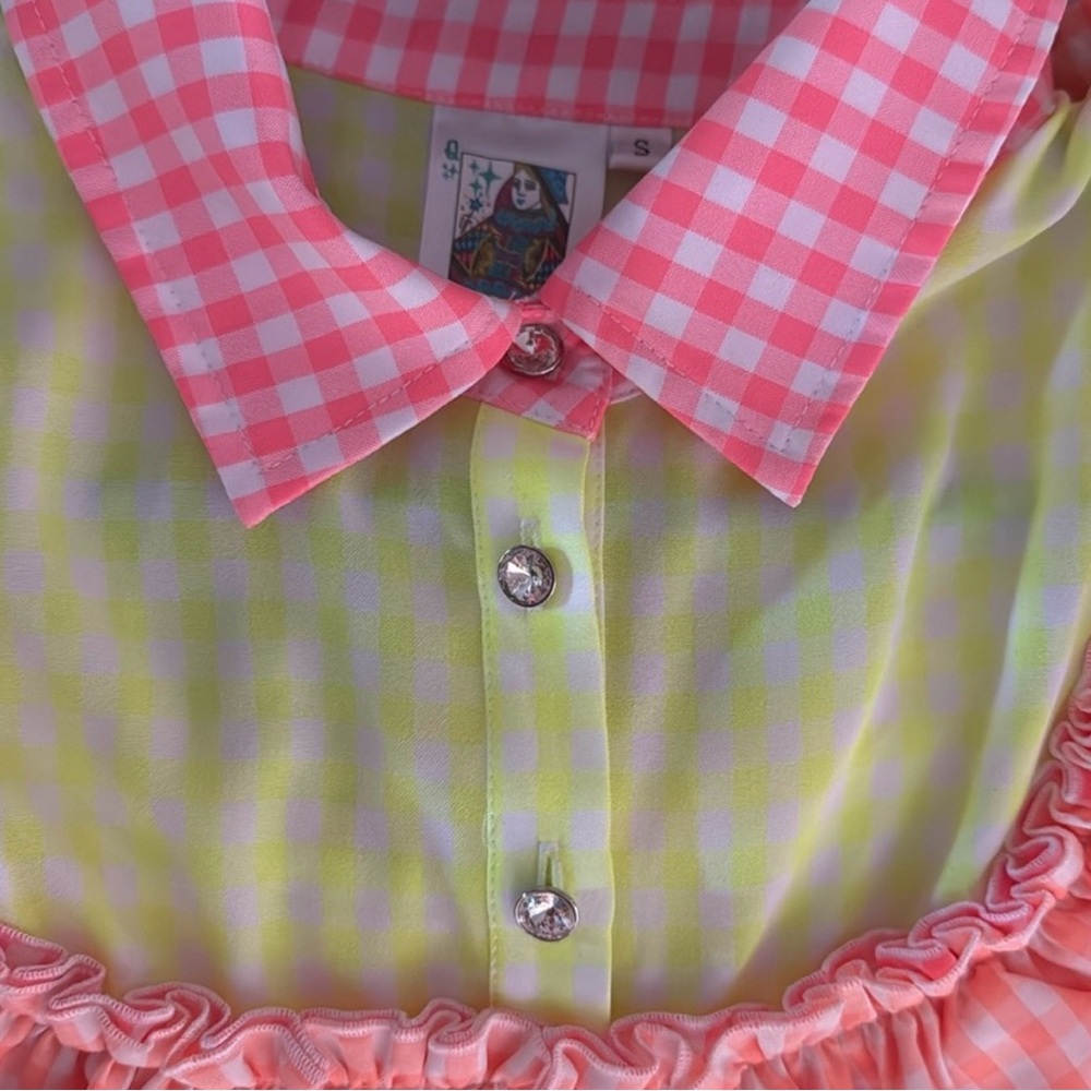 Queen of Sparkles Neon Checkered Gingham Sequin Ruffle Dress Size Small - Picture 3 of 3